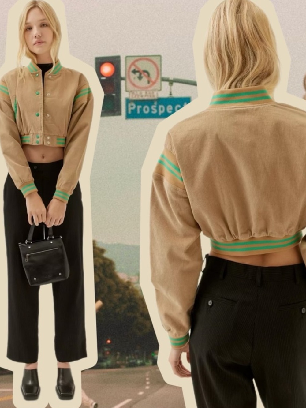 Urban Outfitters Cropped Tan Bomber Jacket with Green Stripes